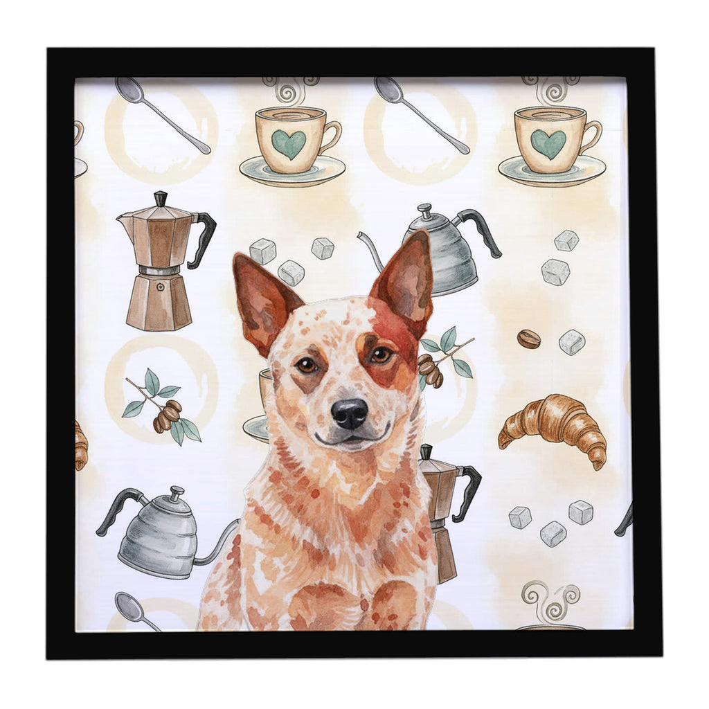 Red Heeler Australian Cattle Dog Coffee Bar Framed Metal Print Bathroom, Kitchen, Office, Home Decor Wall Art Ready to Hang, Square, 8X8