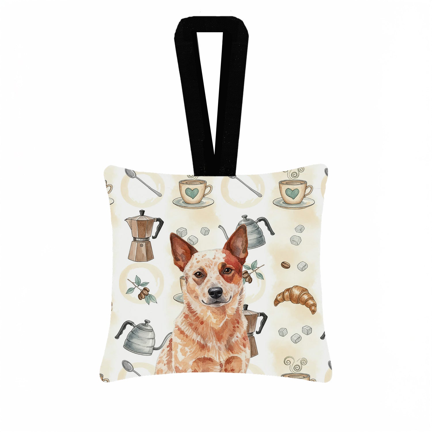 Red Heeler Australian Cattle Dog Coffee Bar Hanging Square Fabric Ornament 3.5 � 3.5 Decorative Door-Knob & Tree Hanger, Soft Fabric