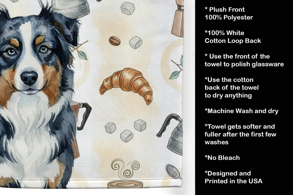 Black Australian Shepherd Coffee Bar Kitchen Towel Velour Plush Front and Cotton Loop Back Machine Washable