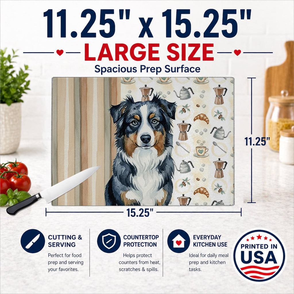 Black Australian Shepherd Coffee Bar Cutting Board Tempered Glass Kitchen Cutting Surface, Heat Resistant Chopping, Non-Slip Feet, Food Prep & Serving