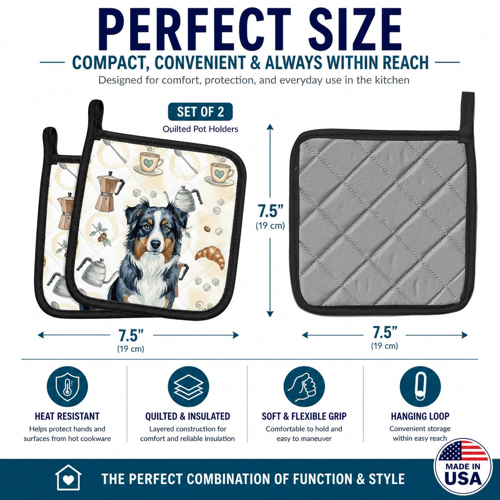 Black Australian Shepherd Coffee Bar Pot Holder Set of 2 Heat Resistant Quilted Hot Pads 7.5 x 7.5 Inch, Insulated Kitchen Trivets for Cooking & Baking