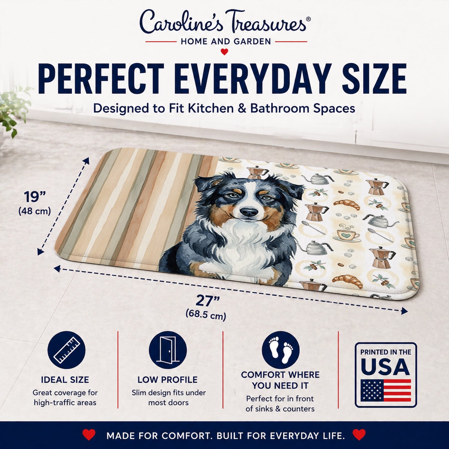 Black Australian Shepherd Coffee Bar Memory Foam Kitchen Mat Machine Washable Anti-Fatigue Cushion Comfort Bath or Kitchen Rug