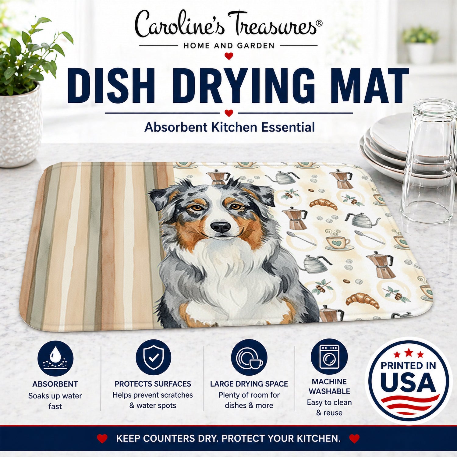 Blue Merle Australian Shepherd Coffee Bar Dish Drying Mat Absorbent Dish Drying Mat Pad for Kitchen Counter Dish Drainer Mat for Countertop, 14 x 21", Multicolor