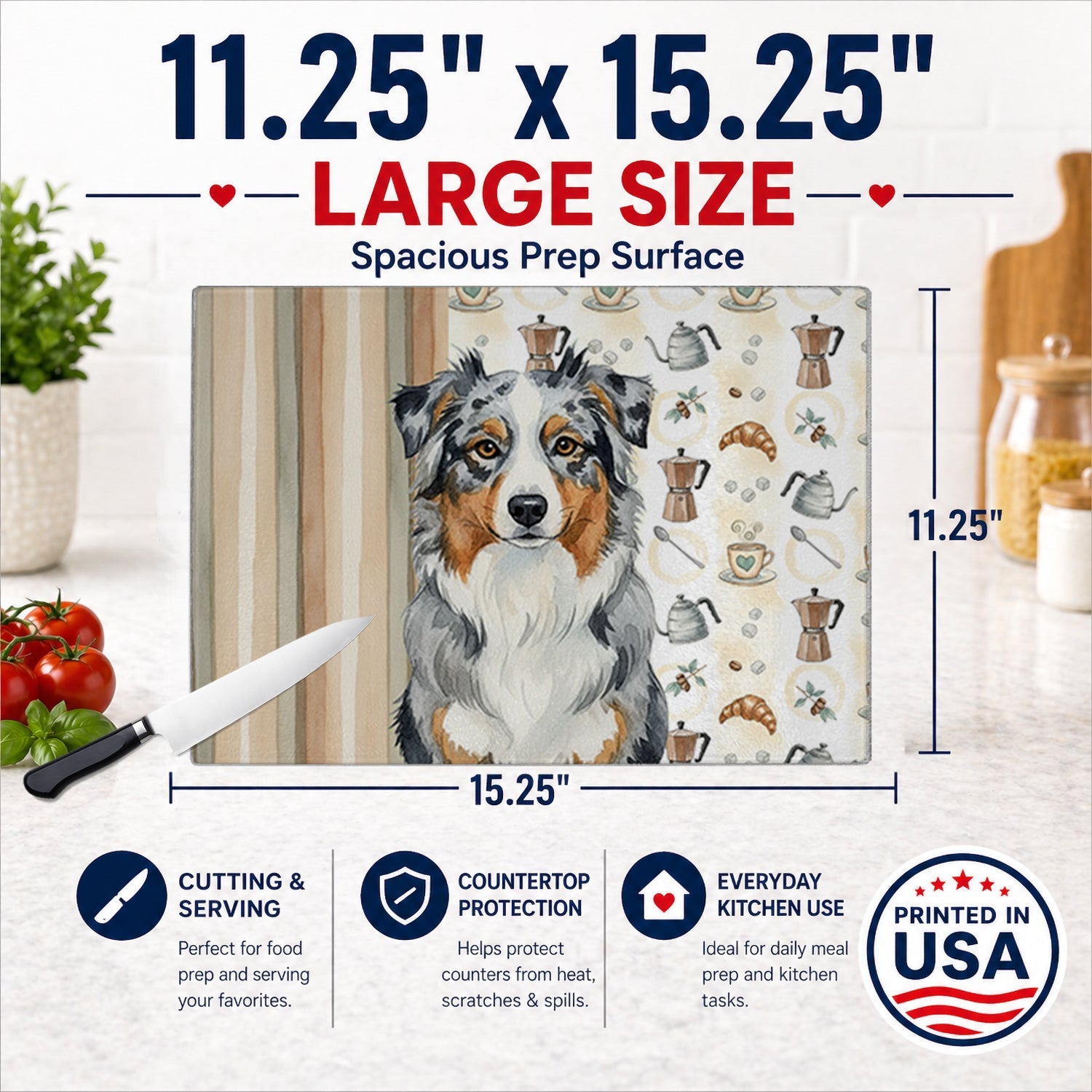 Blue Merle Australian Shepherd Coffee Bar Cutting Board Tempered Glass Kitchen Cutting Surface, Heat Resistant Chopping, Non-Slip Feet, Food Prep & Serving