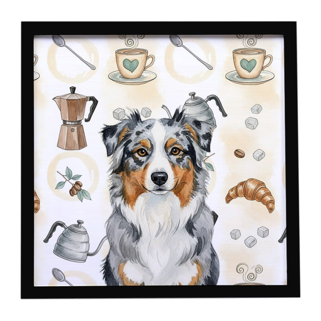 Blue Merle Australian Shepherd Coffee Bar Framed Metal Print Bathroom, Kitchen, Office, Home Decor Wall Art Ready to Hang, Square, 8X8