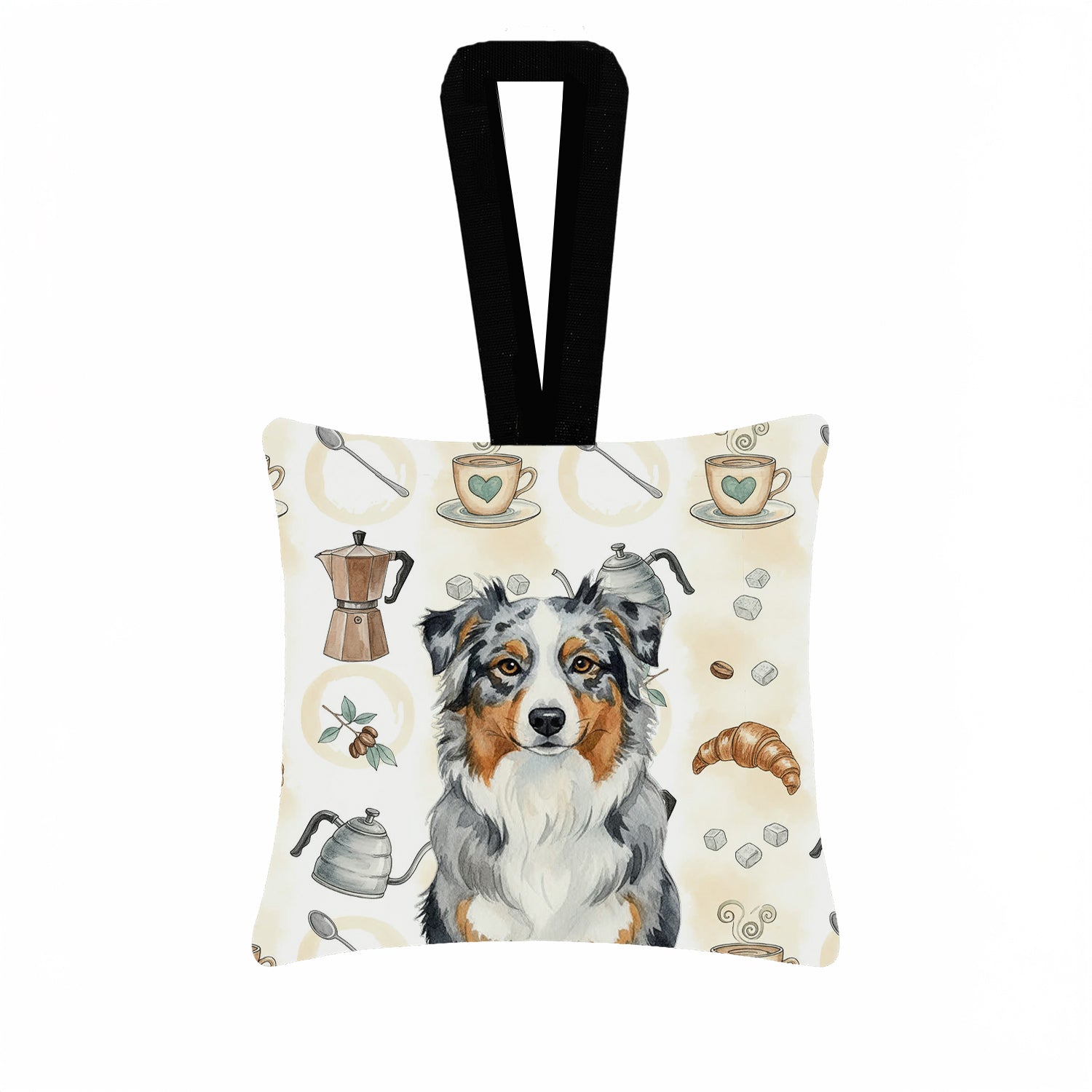 Blue Merle Australian Shepherd Coffee Bar Hanging Square Fabric Ornament 3.5 � 3.5 Decorative Door-Knob & Tree Hanger, Soft Fabric