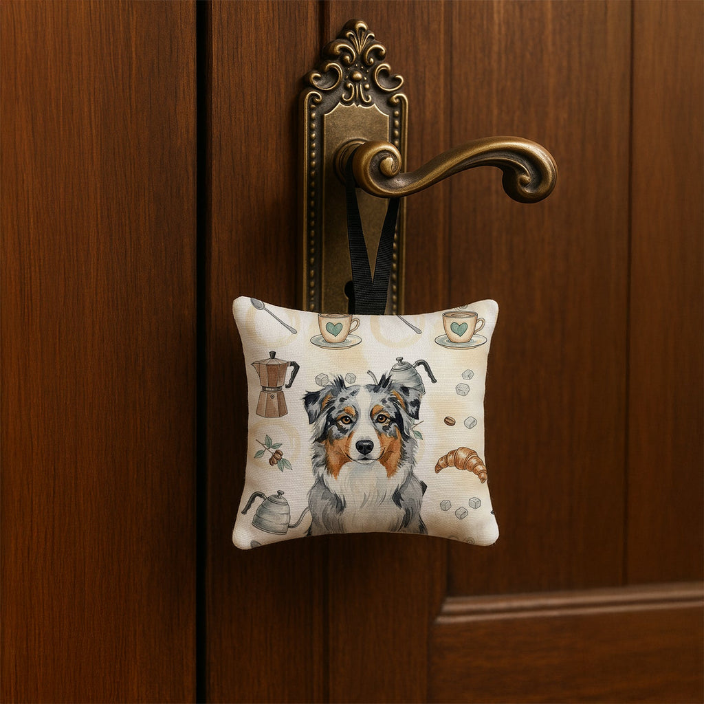 Blue Merle Australian Shepherd Coffee Bar Hanging Square Fabric Ornament 3.5 � 3.5 Decorative Door-Knob & Tree Hanger, Soft Fabric