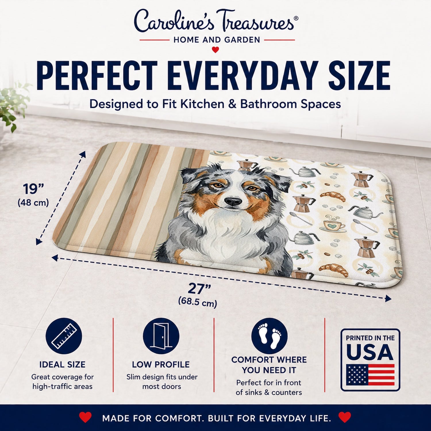 Blue Merle Australian Shepherd Coffee Bar Memory Foam Kitchen Mat Machine Washable Anti-Fatigue Cushion Comfort Bath or Kitchen Rug