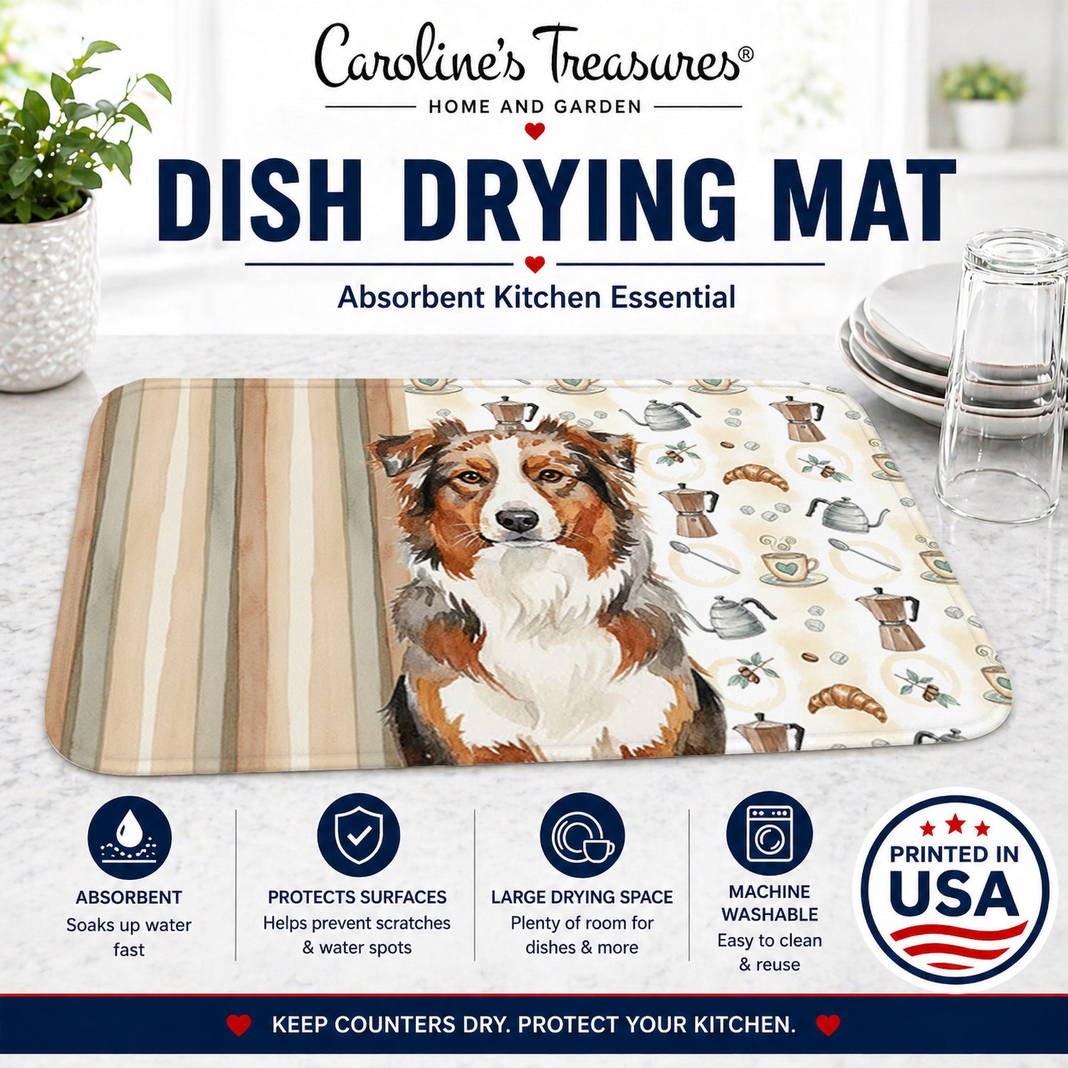 Red Merle Australian Shepherd Coffee Bar Dish Drying Mat Absorbent Dish Drying Mat Pad for Kitchen Counter Dish Drainer Mat for Countertop, 14 x 21", Multicolor