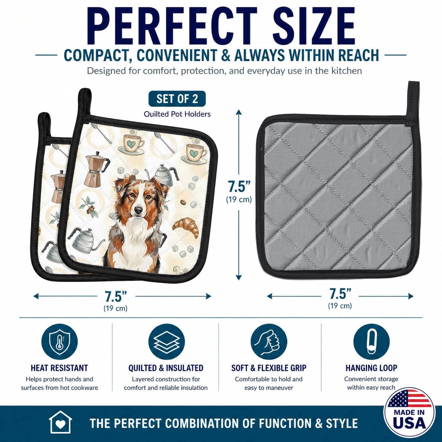 Red Merle Australian Shepherd Coffee Bar Pot Holder Set of 2 Heat Resistant Quilted Hot Pads 7.5 x 7.5 Inch, Insulated Kitchen Trivets for Cooking & Baking