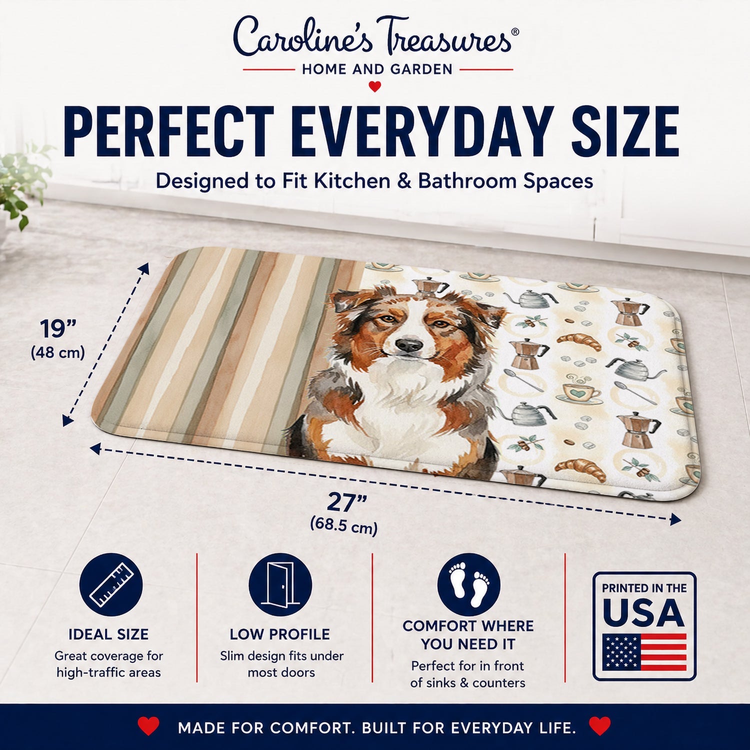 Red Merle Australian Shepherd Coffee Bar Memory Foam Kitchen Mat Machine Washable Anti-Fatigue Cushion Comfort Bath or Kitchen Rug