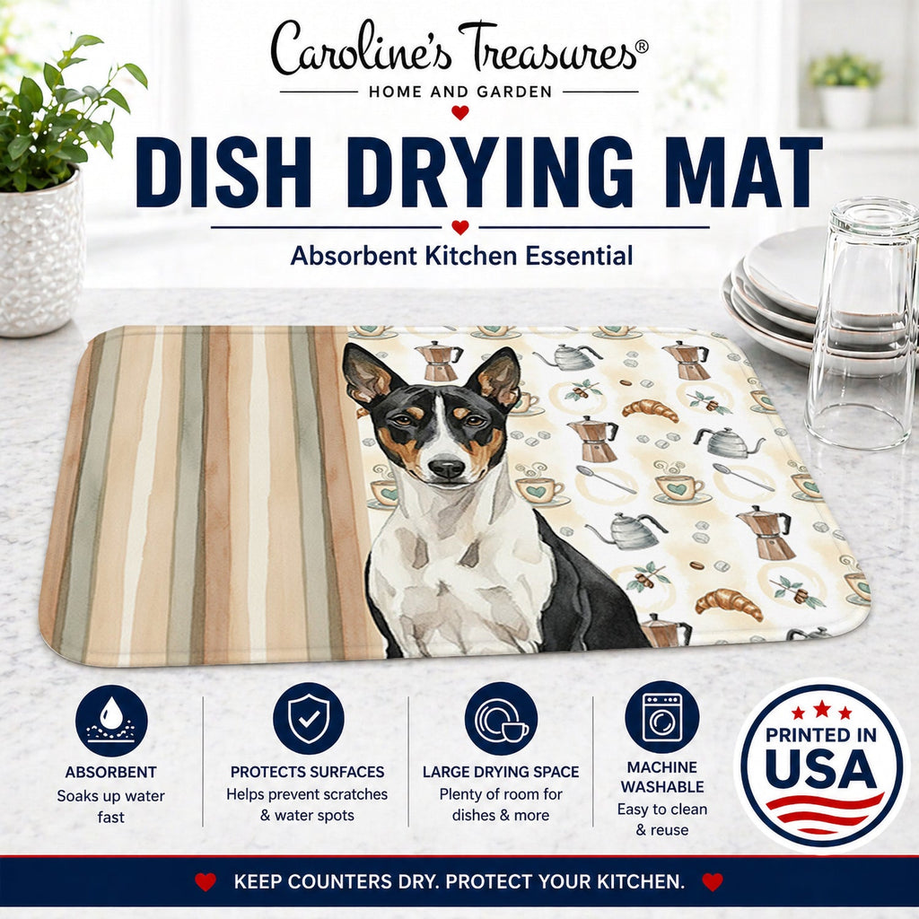 Black and White Basenji Coffee Bar Dish Drying Mat Absorbent Dish Drying Mat Pad for Kitchen Counter Dish Drainer Mat for Countertop, 14 x 21", Multicolor