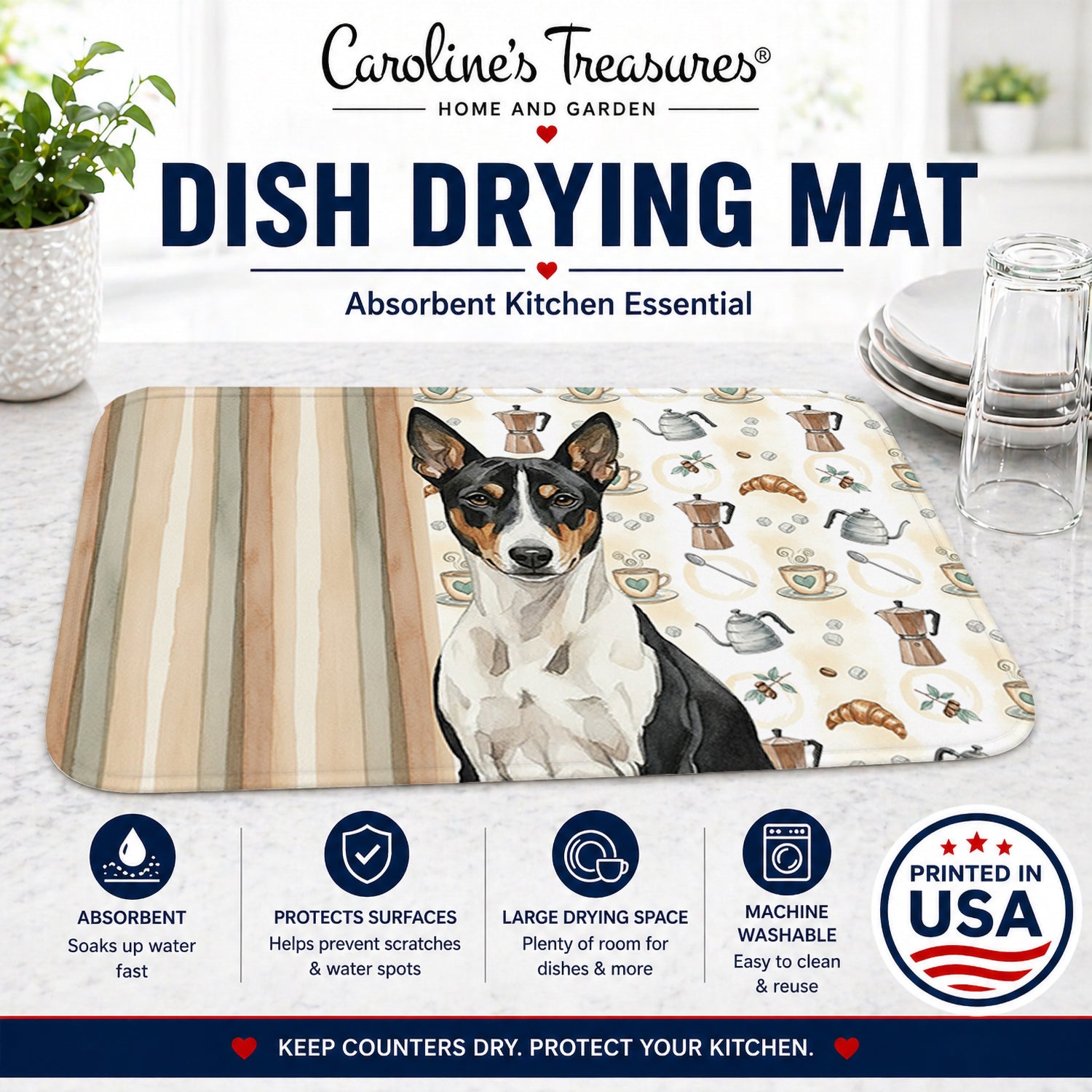 Black and White Basenji Coffee Bar Dish Drying Mat Absorbent Dish Drying Mat Pad for Kitchen Counter Dish Drainer Mat for Countertop, 14 x 21", Multicolor