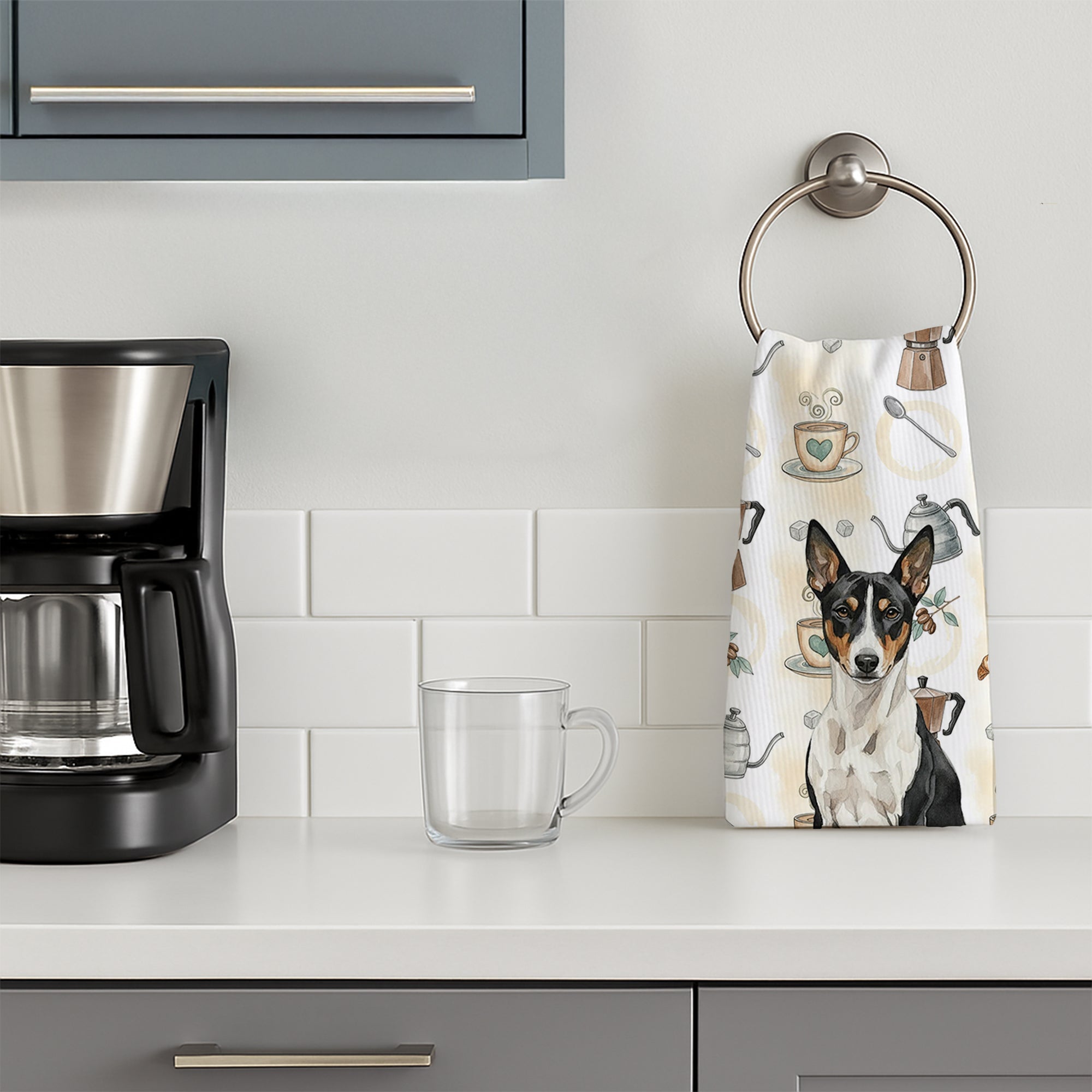 Black and White Basenji Coffee Bar Kitchen Towel Velour Plush Front and Cotton Loop Back Machine Washable