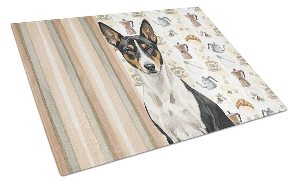 Black and White Basenji Coffee Bar Cutting Board Tempered Glass Kitchen Cutting Surface, Heat Resistant Chopping, Non-Slip Feet, Food Prep & Serving