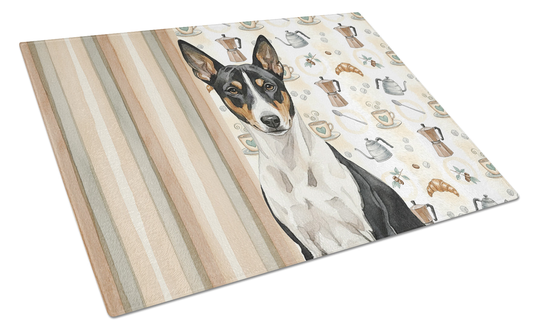 Black and White Basenji Coffee Bar Cutting Board Tempered Glass Kitchen Cutting Surface, Heat Resistant Chopping, Non-Slip Feet, Food Prep & Serving
