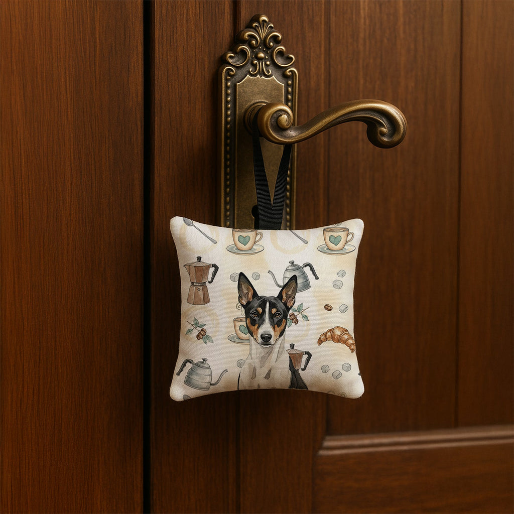 Black and White Basenji Coffee Bar Hanging Square Fabric Ornament 3.5 � 3.5 Decorative Door-Knob & Tree Hanger, Soft Fabric