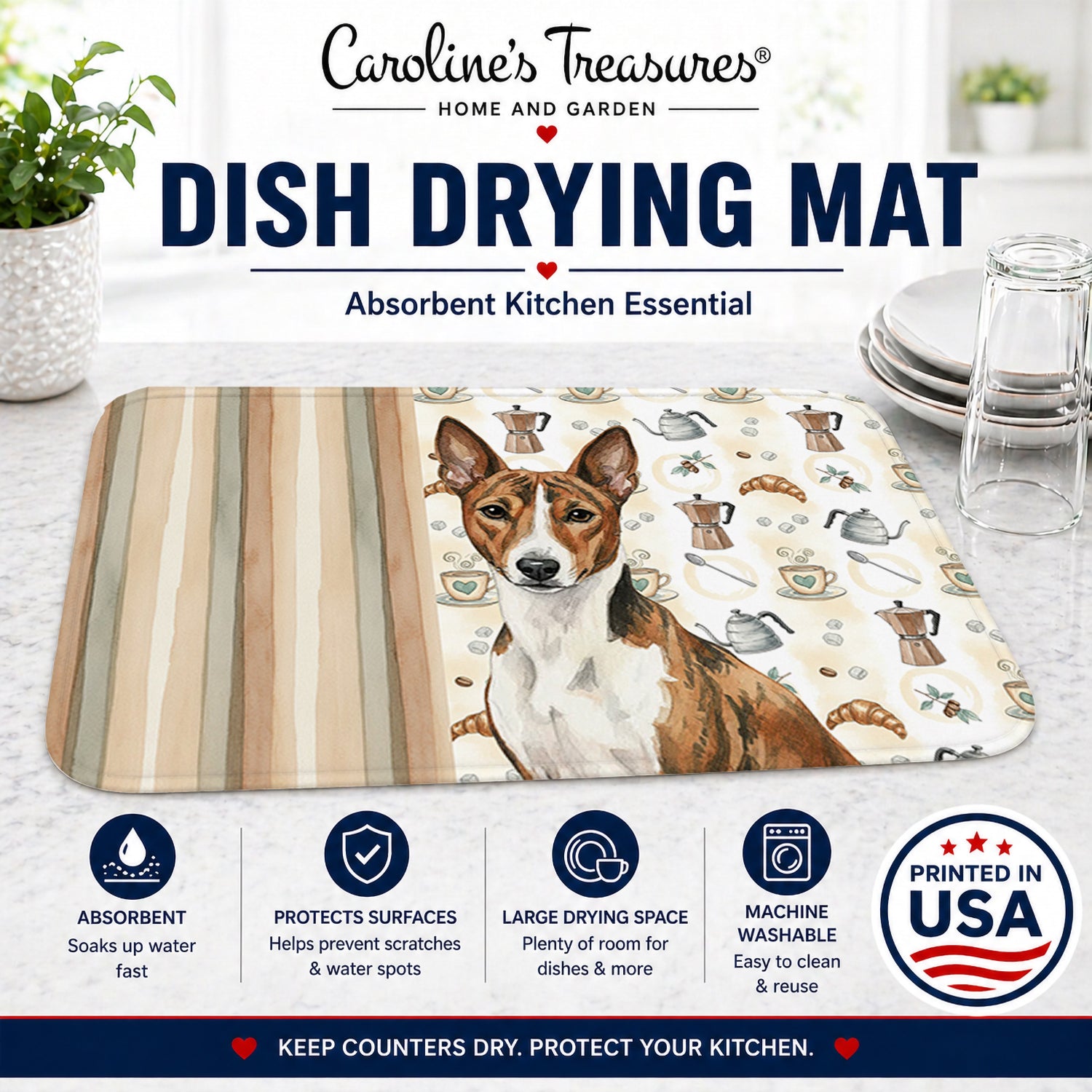 Brindle and White Basenji Coffee Bar Dish Drying Mat Absorbent Dish Drying Mat Pad for Kitchen Counter Dish Drainer Mat for Countertop, 14 x 21", Multicolor