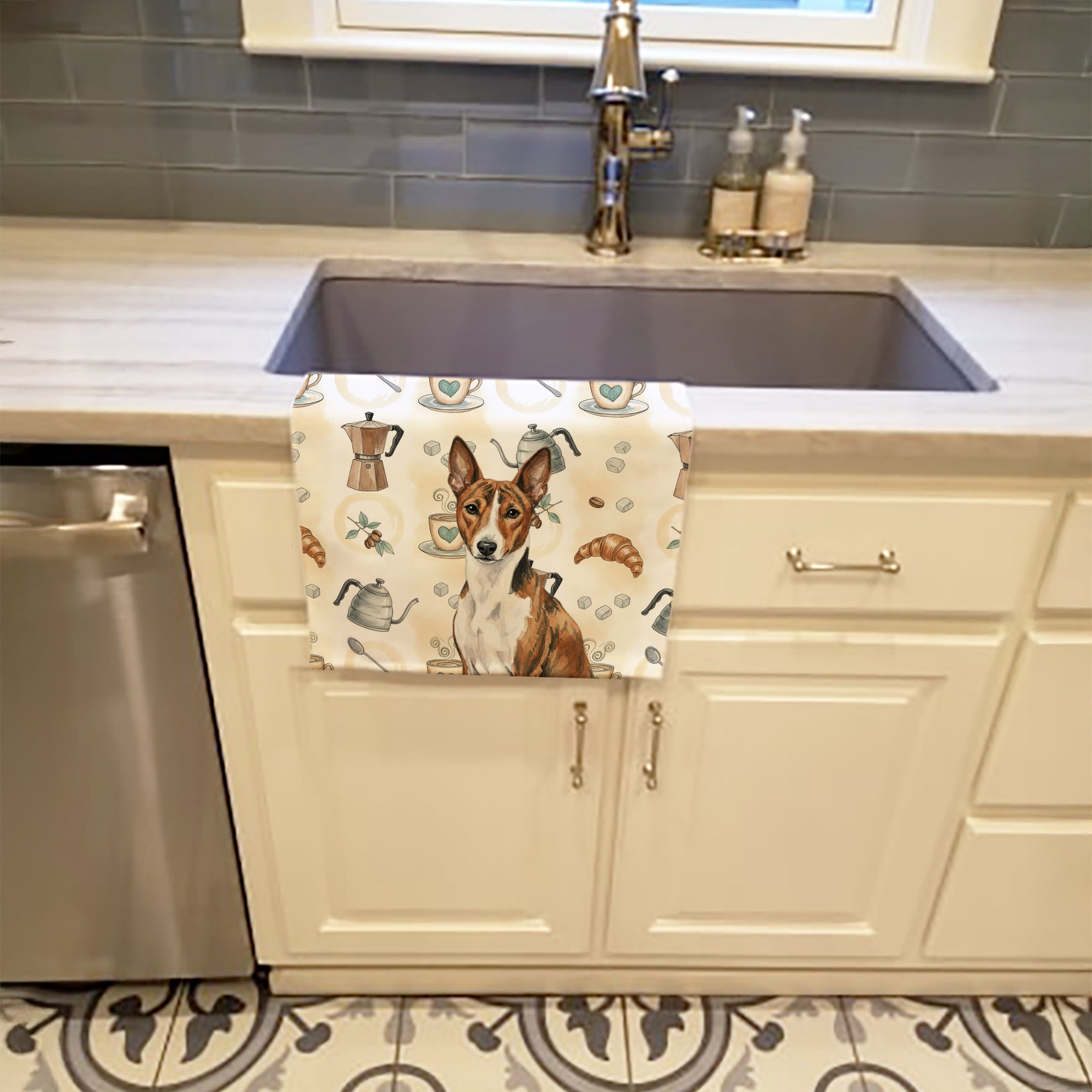 Brindle and White Basenji Coffee Bar Kitchen Towel Velour Plush Front and Cotton Loop Back Machine Washable
