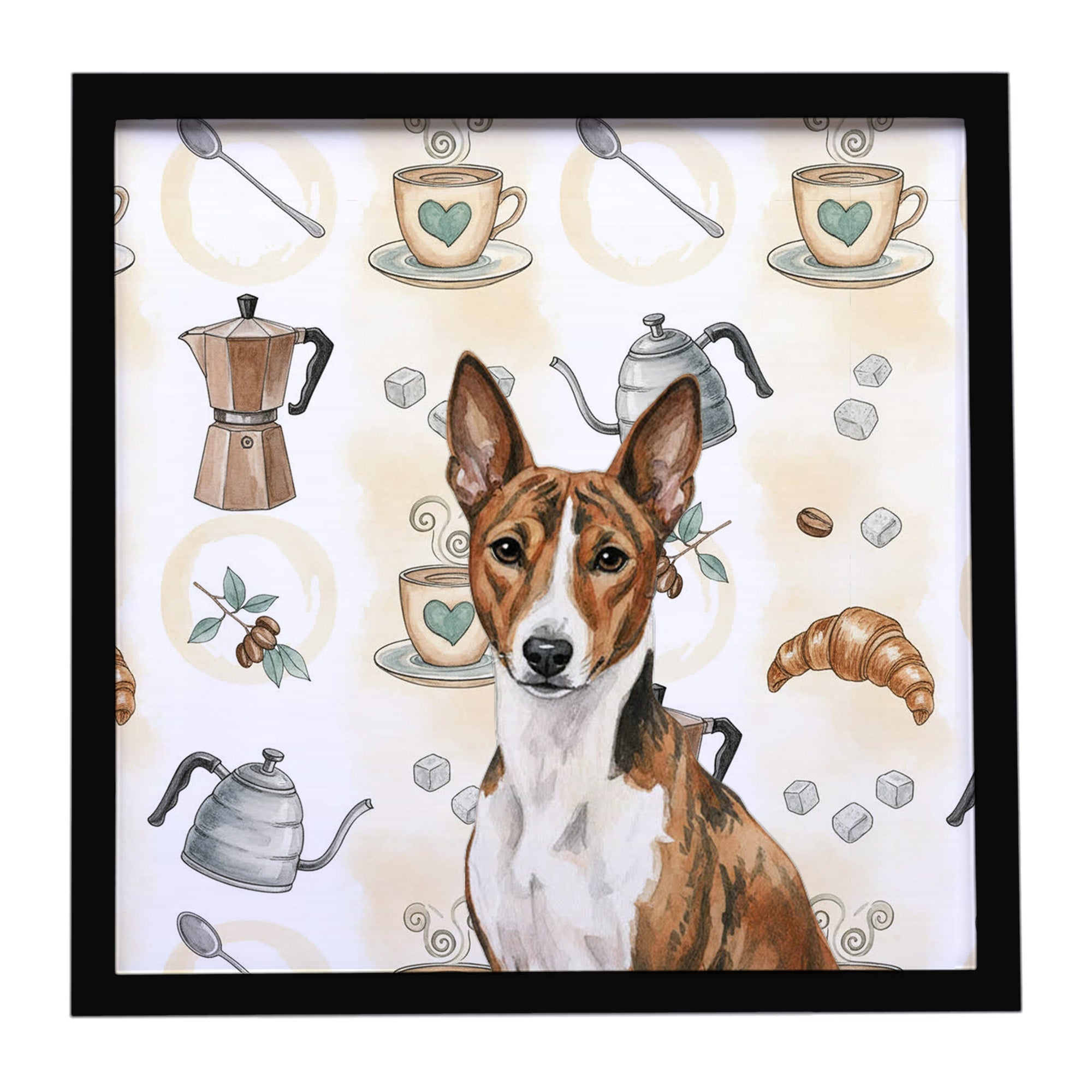 Brindle and White Basenji Coffee Bar Framed Metal Print Bathroom, Kitchen, Office, Home Decor Wall Art Ready to Hang, Square, 8X8