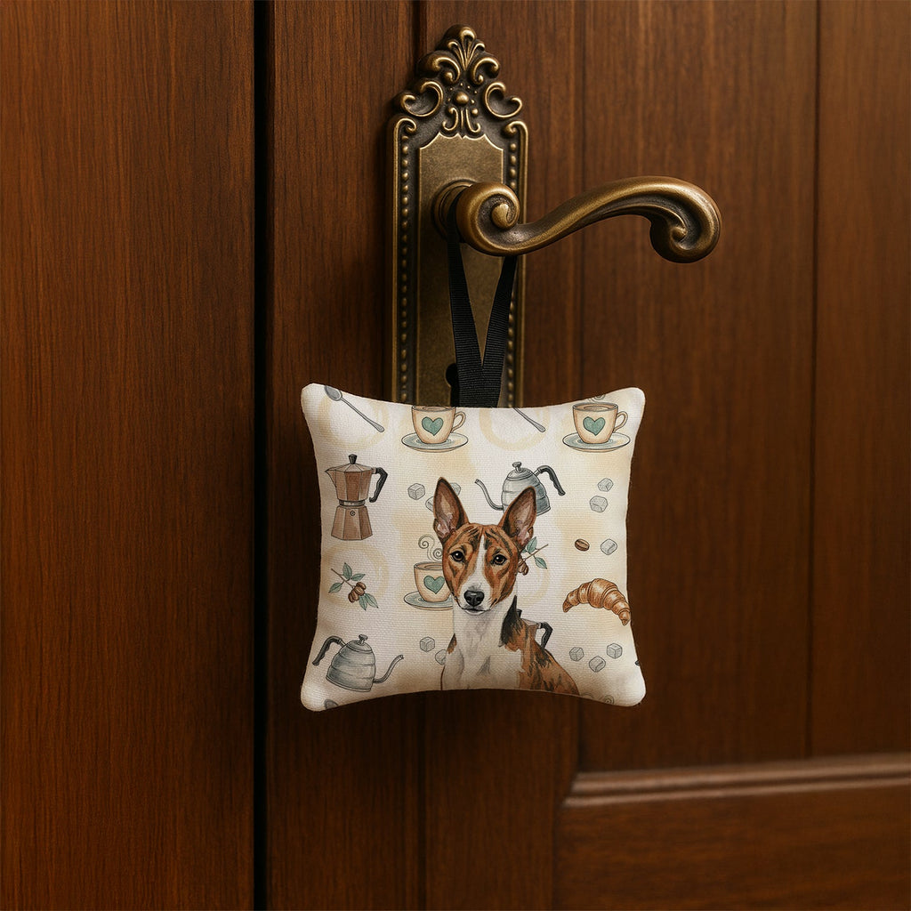 Brindle and White Basenji Coffee Bar Hanging Square Fabric Ornament 3.5 � 3.5 Decorative Door-Knob & Tree Hanger, Soft Fabric