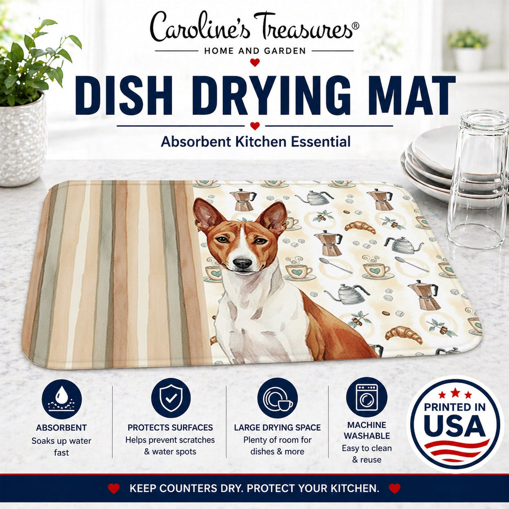Red and White Basenji Coffee Bar Dish Drying Mat Absorbent Dish Drying Mat Pad for Kitchen Counter Dish Drainer Mat for Countertop, 14 x 21", Multicolor