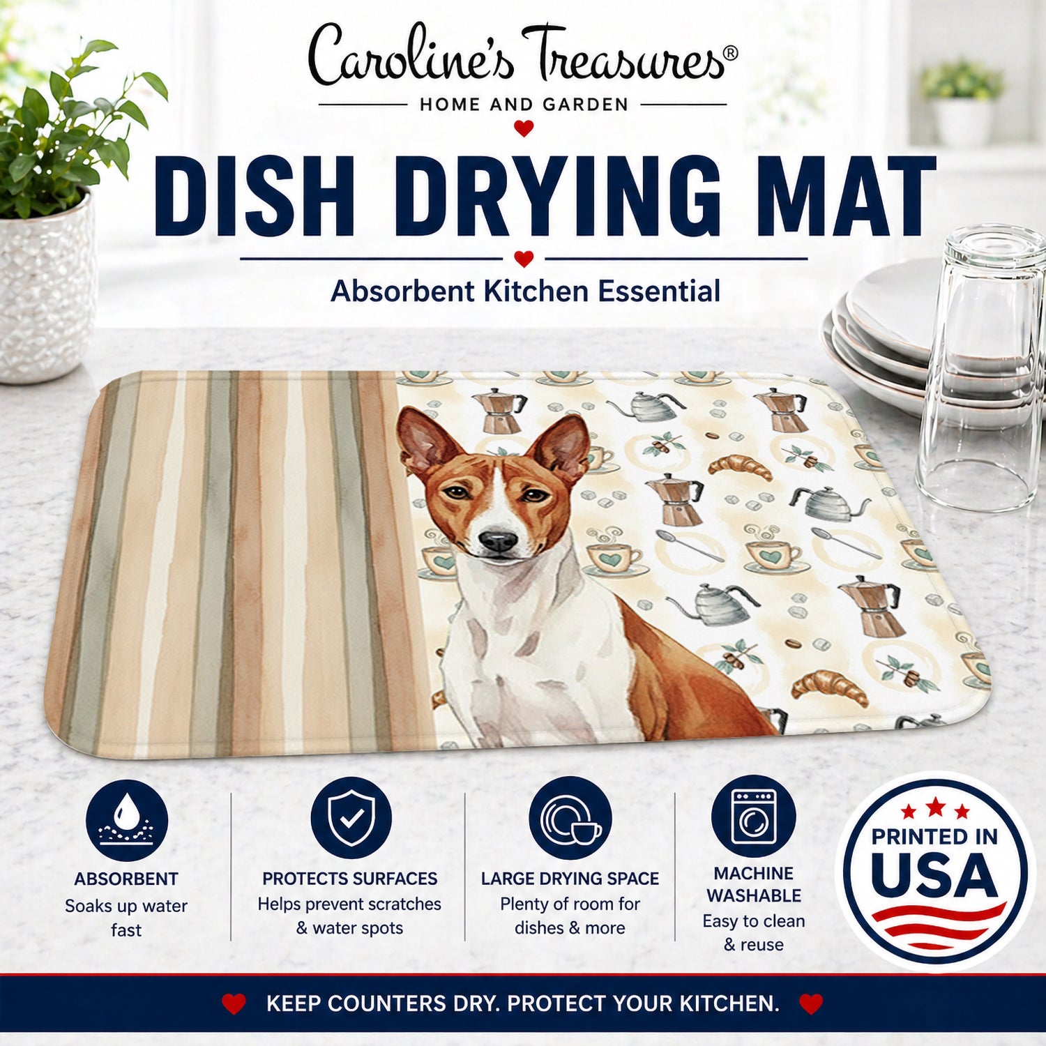 Red and White Basenji Coffee Bar Dish Drying Mat Absorbent Dish Drying Mat Pad for Kitchen Counter Dish Drainer Mat for Countertop, 14 x 21", Multicolor