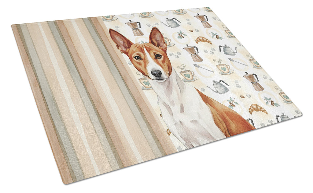 Red and White Basenji Coffee Bar Cutting Board Tempered Glass Kitchen Cutting Surface, Heat Resistant Chopping, Non-Slip Feet, Food Prep & Serving