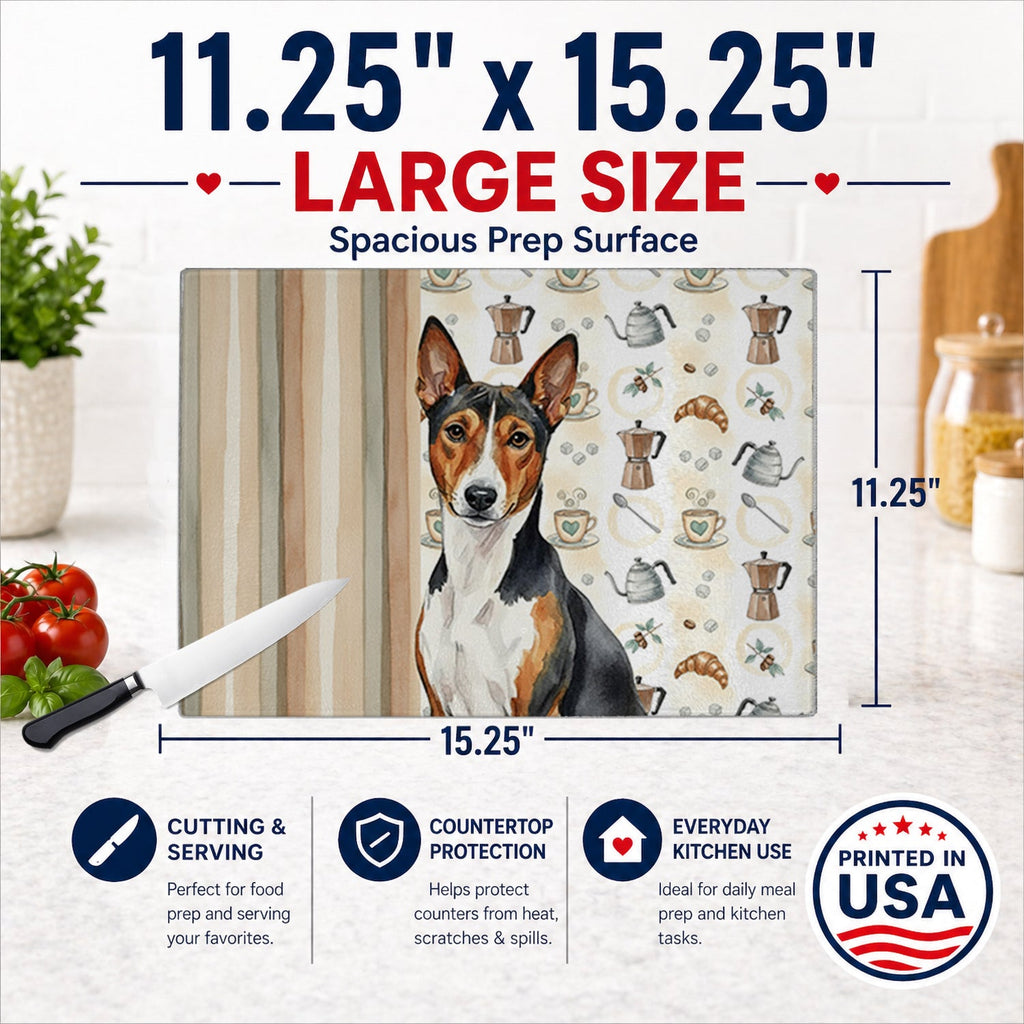 Tricolor and White Basenji Coffee Bar Cutting Board Tempered Glass Kitchen Cutting Surface, Heat Resistant Chopping, Non-Slip Feet, Food Prep & Serving
