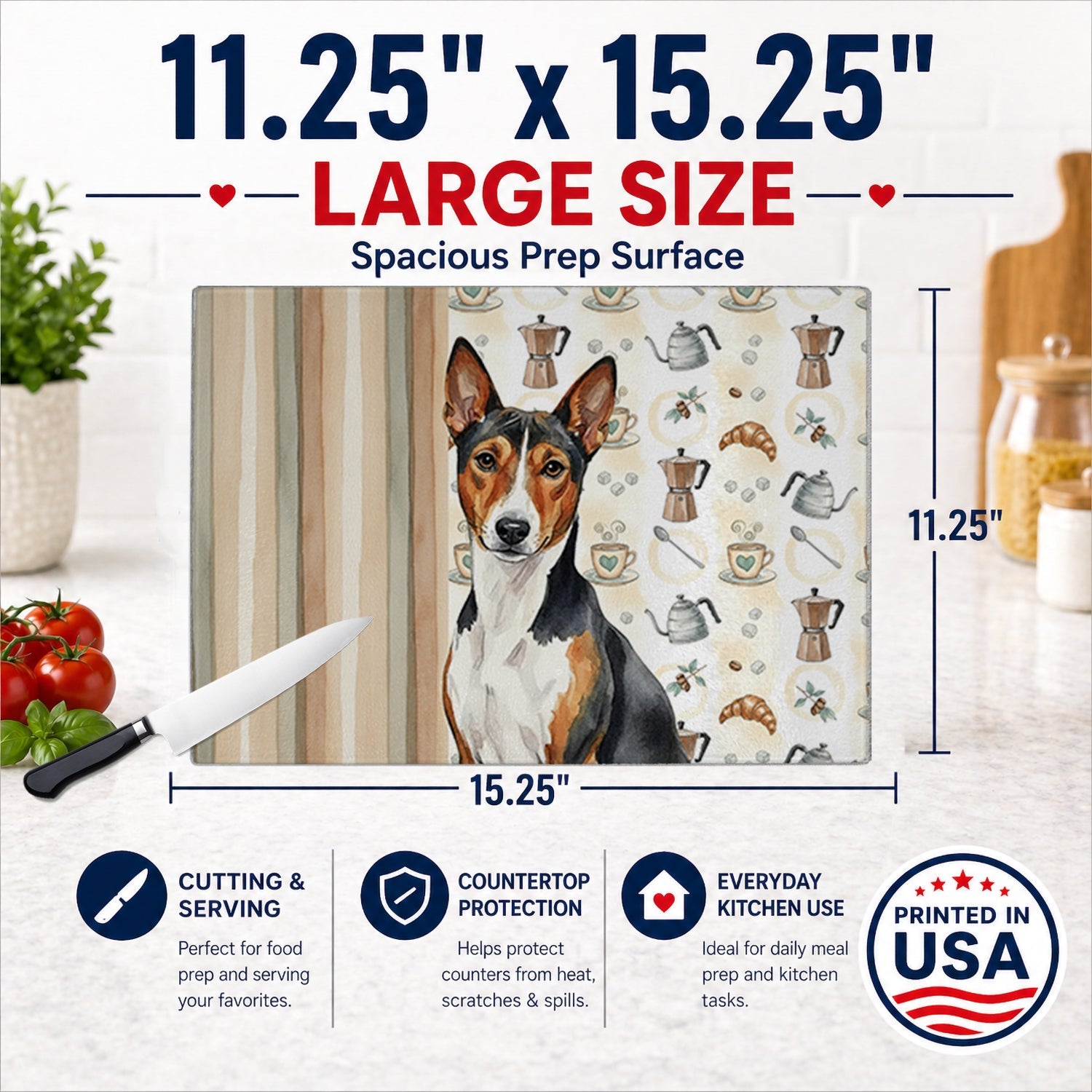 Tricolor and White Basenji Coffee Bar Cutting Board Tempered Glass Kitchen Cutting Surface, Heat Resistant Chopping, Non-Slip Feet, Food Prep & Serving