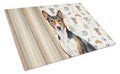 Tricolor and White Basenji Coffee Bar Cutting Board Tempered Glass Kitchen Cutting Surface, Heat Resistant Chopping, Non-Slip Feet, Food Prep & Serving