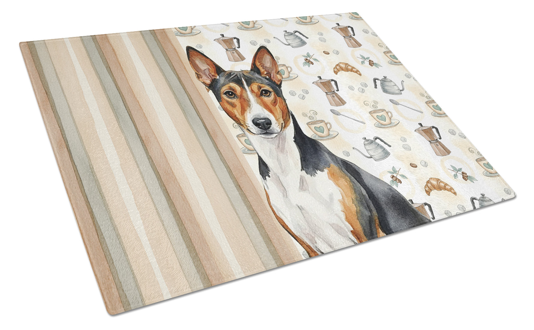 Tricolor and White Basenji Coffee Bar Cutting Board Tempered Glass Kitchen Cutting Surface, Heat Resistant Chopping, Non-Slip Feet, Food Prep & Serving