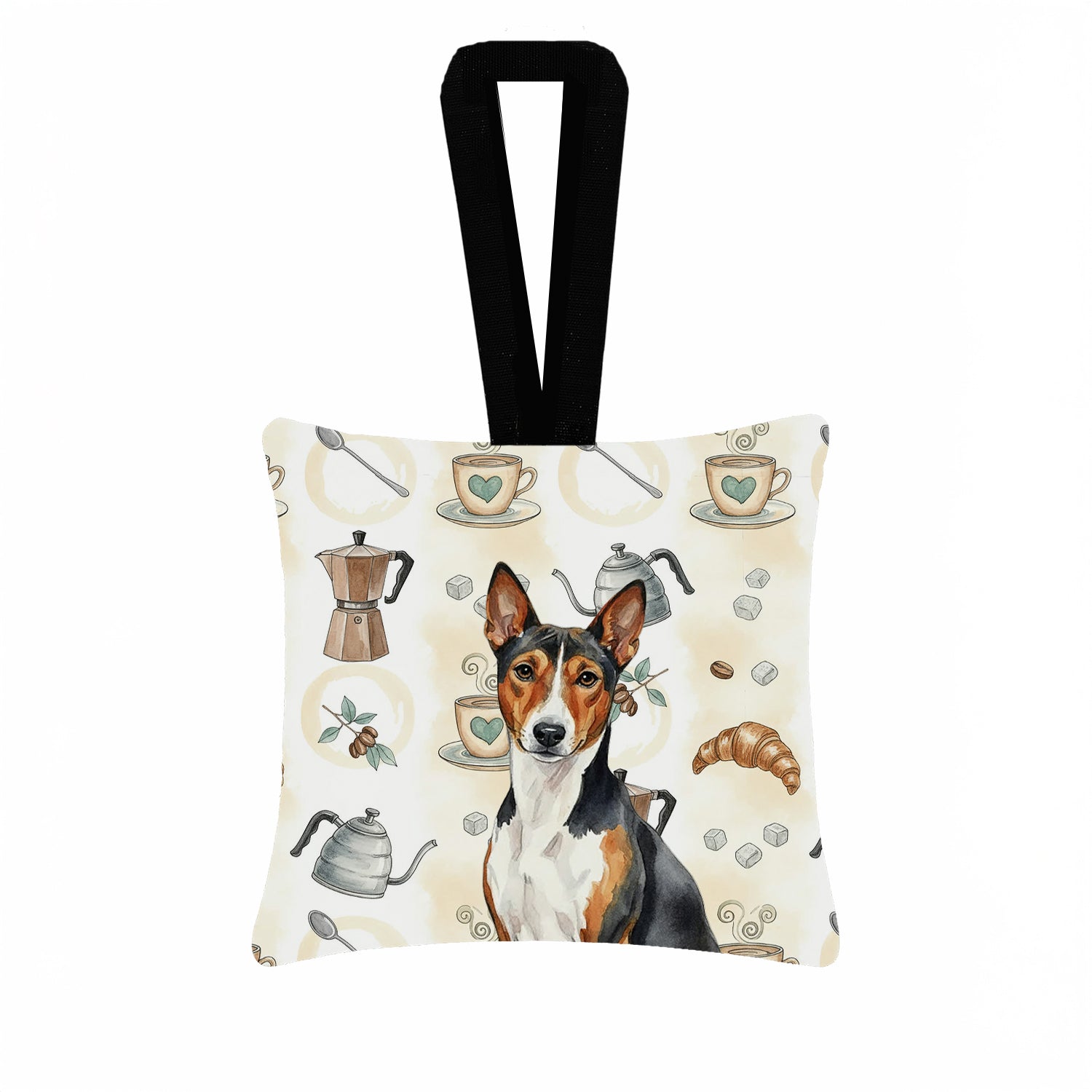 Tricolor and White Basenji Coffee Bar Hanging Square Fabric Ornament 3.5 � 3.5 Decorative Door-Knob & Tree Hanger, Soft Fabric