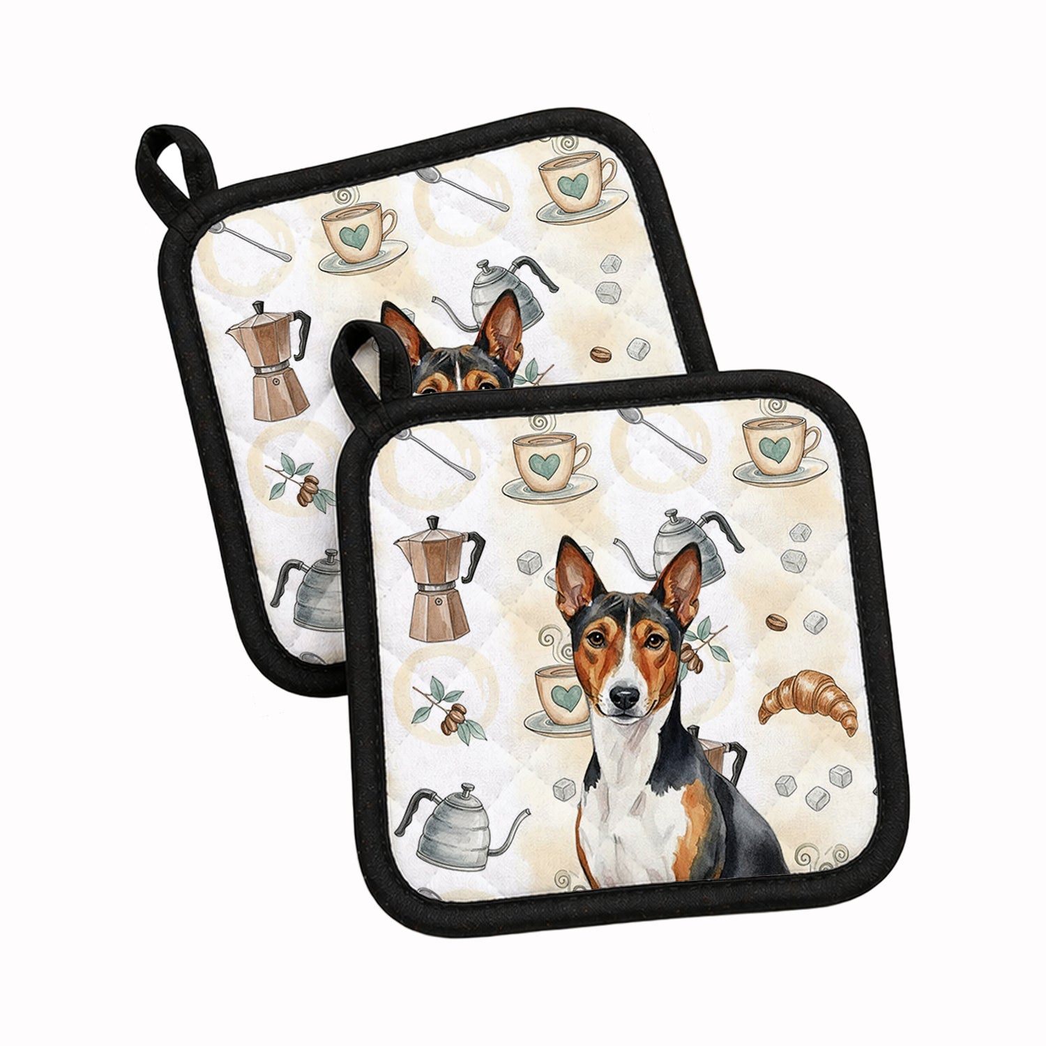 Tricolor and White Basenji Coffee Bar Pot Holder Set of 2 Heat Resistant Quilted Hot Pads 7.5 x 7.5 Inch, Insulated Kitchen Trivets for Cooking & Baking