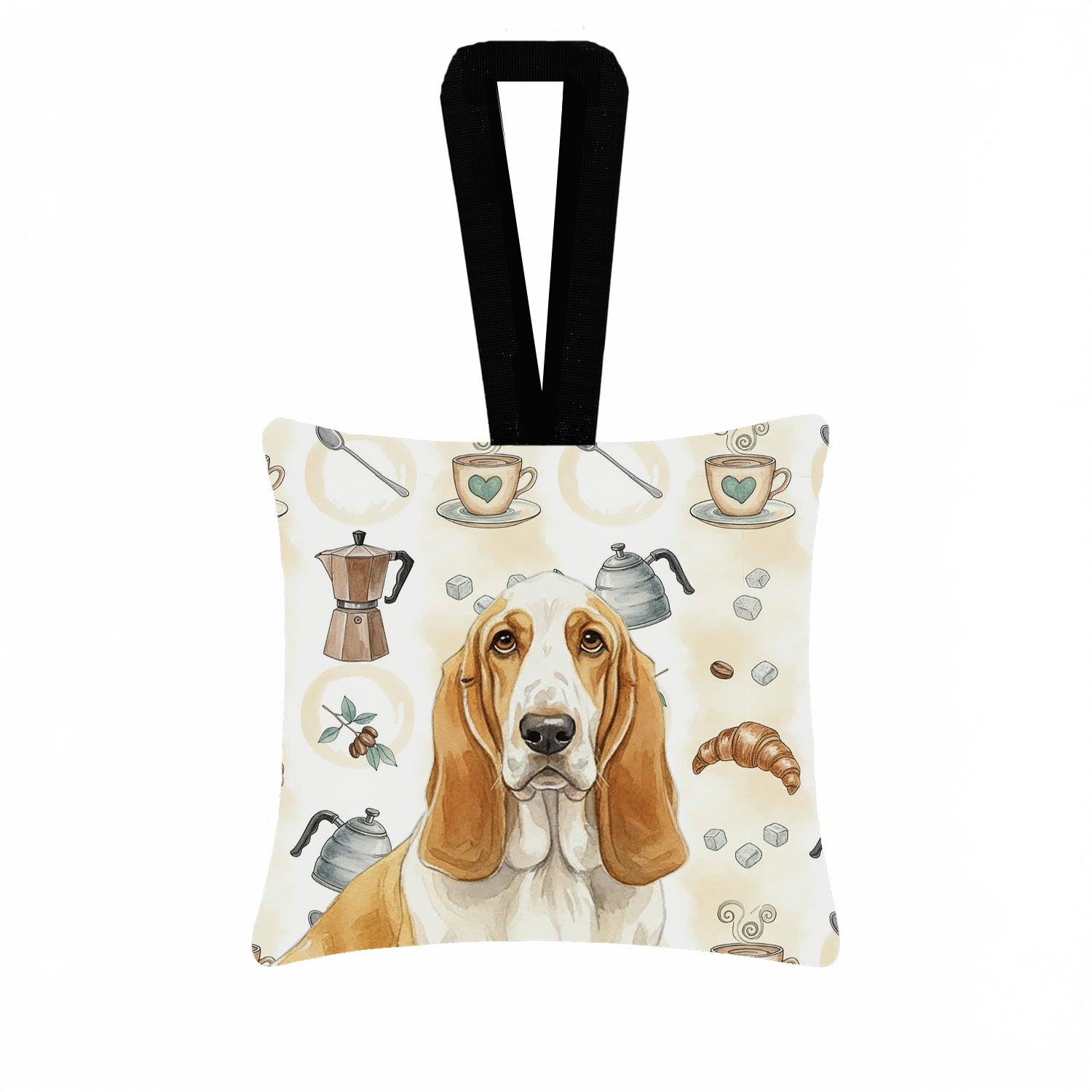Lemon and White Basset Hound Coffee Bar Hanging Square Fabric Ornament 3.5 � 3.5 Decorative Door-Knob & Tree Hanger, Soft Fabric