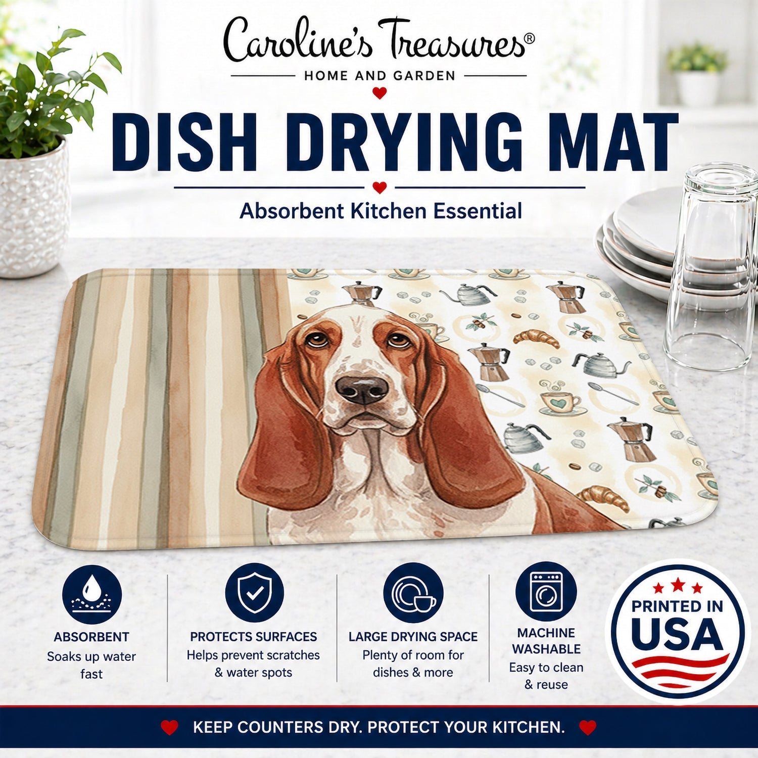 Red and White Basset Hound Coffee Bar Dish Drying Mat Absorbent Dish Drying Mat Pad for Kitchen Counter Dish Drainer Mat for Countertop, 14 x 21", Multicolor