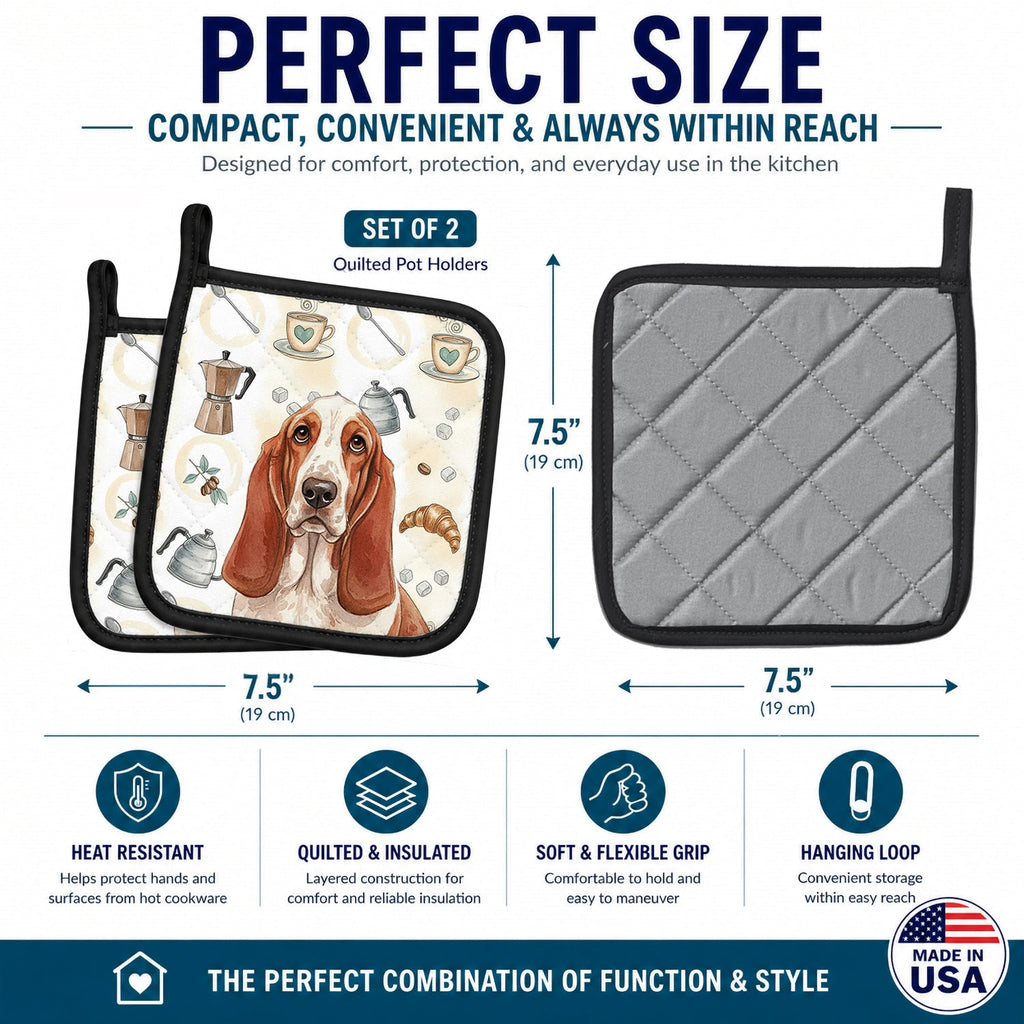 Red and White Basset Hound Coffee Bar Pot Holder Set of 2 Heat Resistant Quilted Hot Pads 7.5 x 7.5 Inch, Insulated Kitchen Trivets for Cooking & Baking