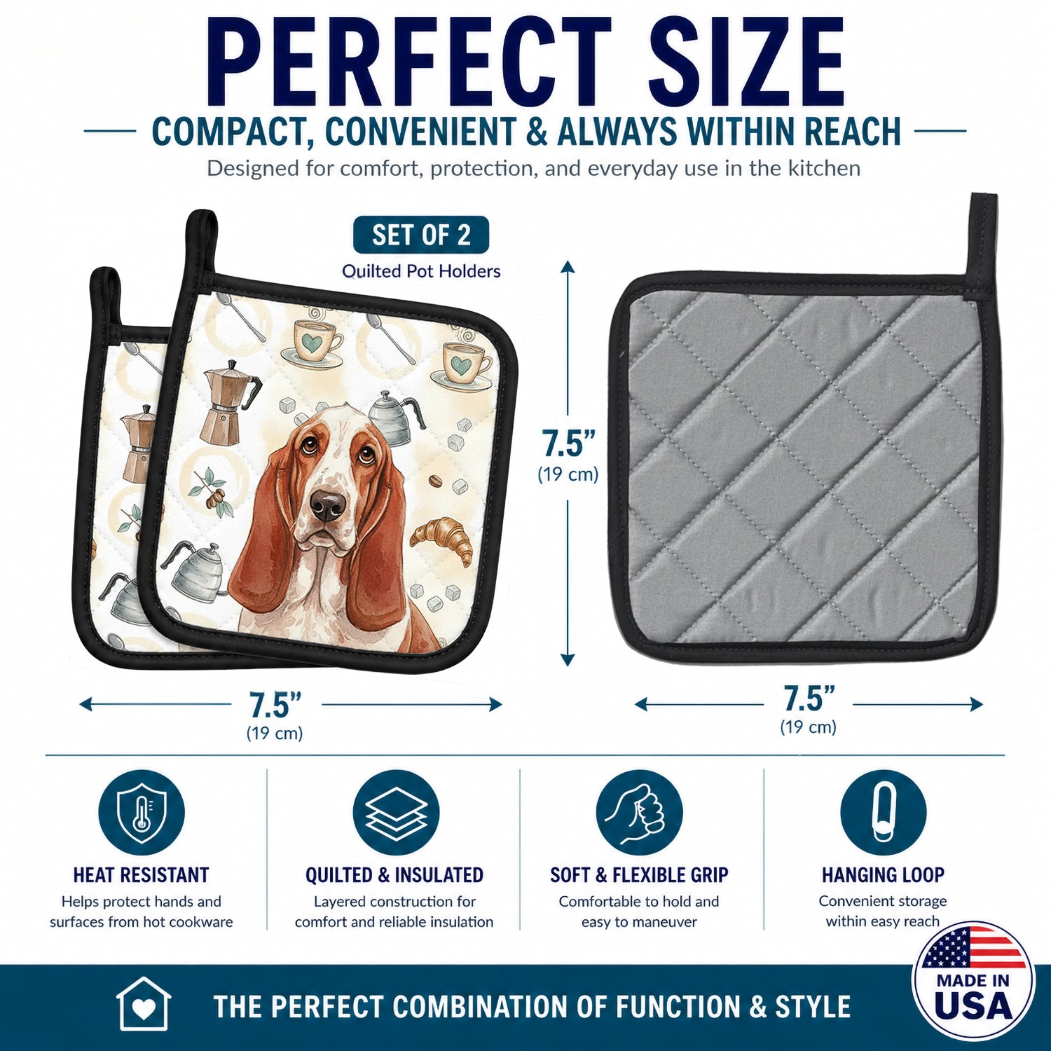 Red and White Basset Hound Coffee Bar Pot Holder Set of 2 Heat Resistant Quilted Hot Pads 7.5 x 7.5 Inch, Insulated Kitchen Trivets for Cooking & Baking