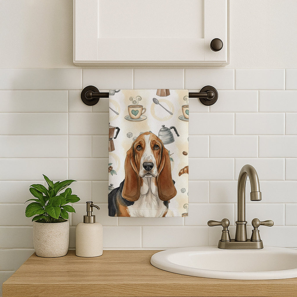Tricolor and White Basset Hound Coffee Bar Kitchen Towel Velour Plush Front and Cotton Loop Back Machine Washable