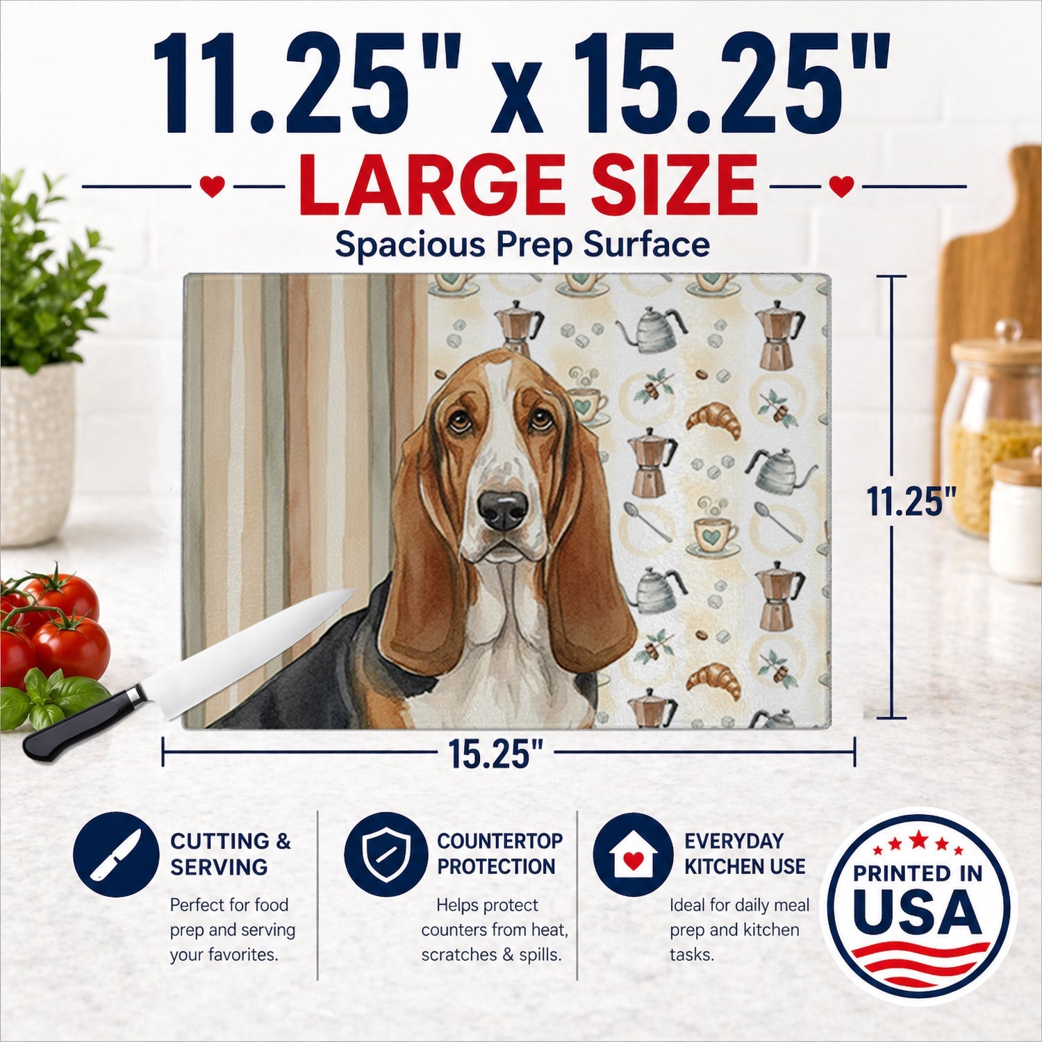 Tricolor and White Basset Hound Coffee Bar Cutting Board Tempered Glass Kitchen Cutting Surface, Heat Resistant Chopping, Non-Slip Feet, Food Prep & Serving