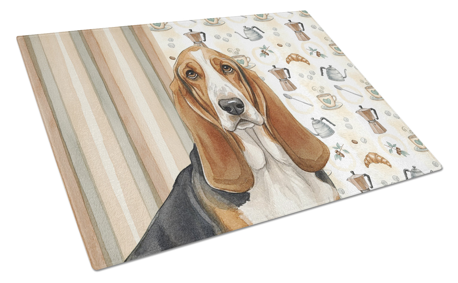 Tricolor and White Basset Hound Coffee Bar Cutting Board Tempered Glass Kitchen Cutting Surface, Heat Resistant Chopping, Non-Slip Feet, Food Prep & Serving