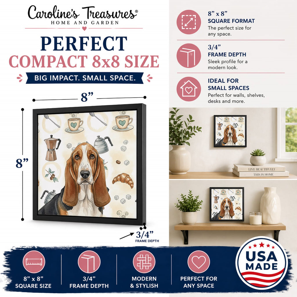 Tricolor and White Basset Hound Coffee Bar Framed Metal Print Bathroom, Kitchen, Office, Home Decor Wall Art Ready to Hang, Square, 8X8
