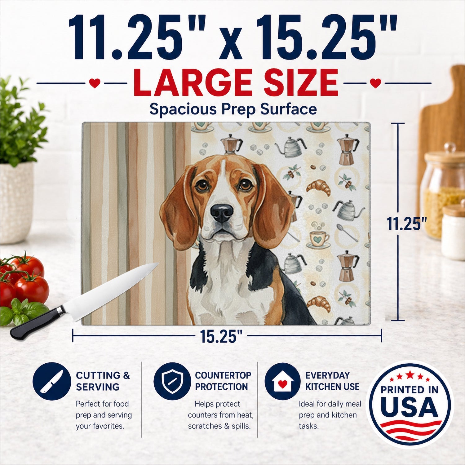Beagle Coffee Bar Cutting Board Tempered Glass Kitchen Cutting Surface, Heat Resistant Chopping, Non-Slip Feet, Food Prep & Serving