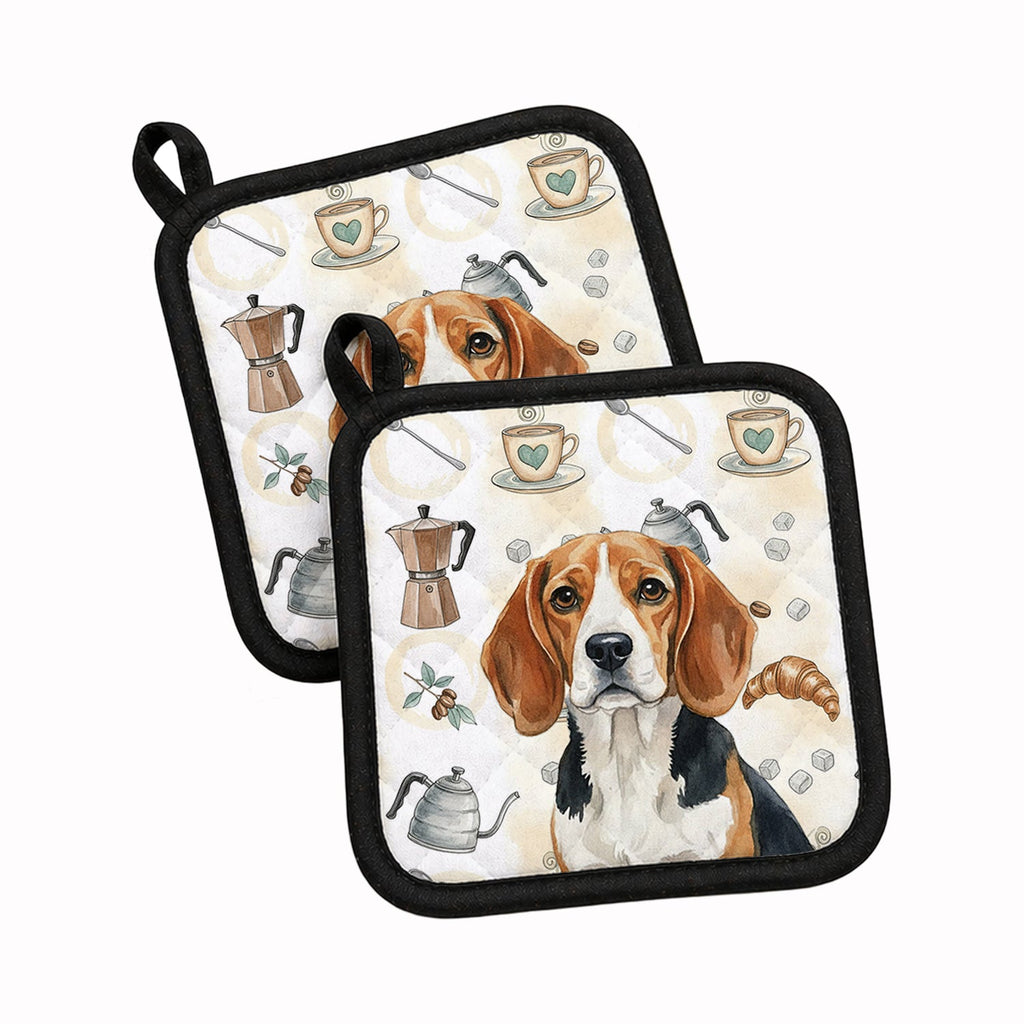 Beagle Coffee Bar Pot Holder Set of 2 Heat Resistant Quilted Hot Pads 7.5 x 7.5 Inch, Insulated Kitchen Trivets for Cooking & Baking