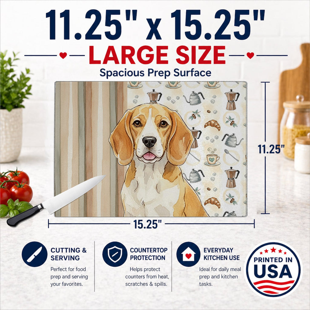 Lemon and White Beagle Coffee Bar Cutting Board Tempered Glass Kitchen Cutting Surface, Heat Resistant Chopping, Non-Slip Feet, Food Prep & Serving