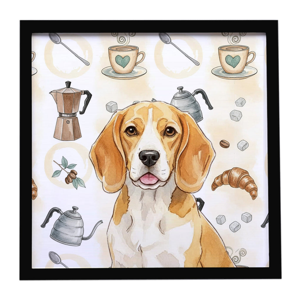 Lemon and White Beagle Coffee Bar Framed Metal Print Bathroom, Kitchen, Office, Home Decor Wall Art Ready to Hang, Square, 8X8