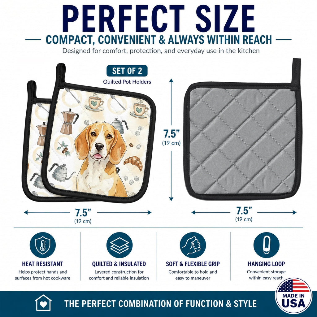 Lemon and White Beagle Coffee Bar Pot Holder Set of 2 Heat Resistant Quilted Hot Pads 7.5 x 7.5 Inch, Insulated Kitchen Trivets for Cooking & Baking