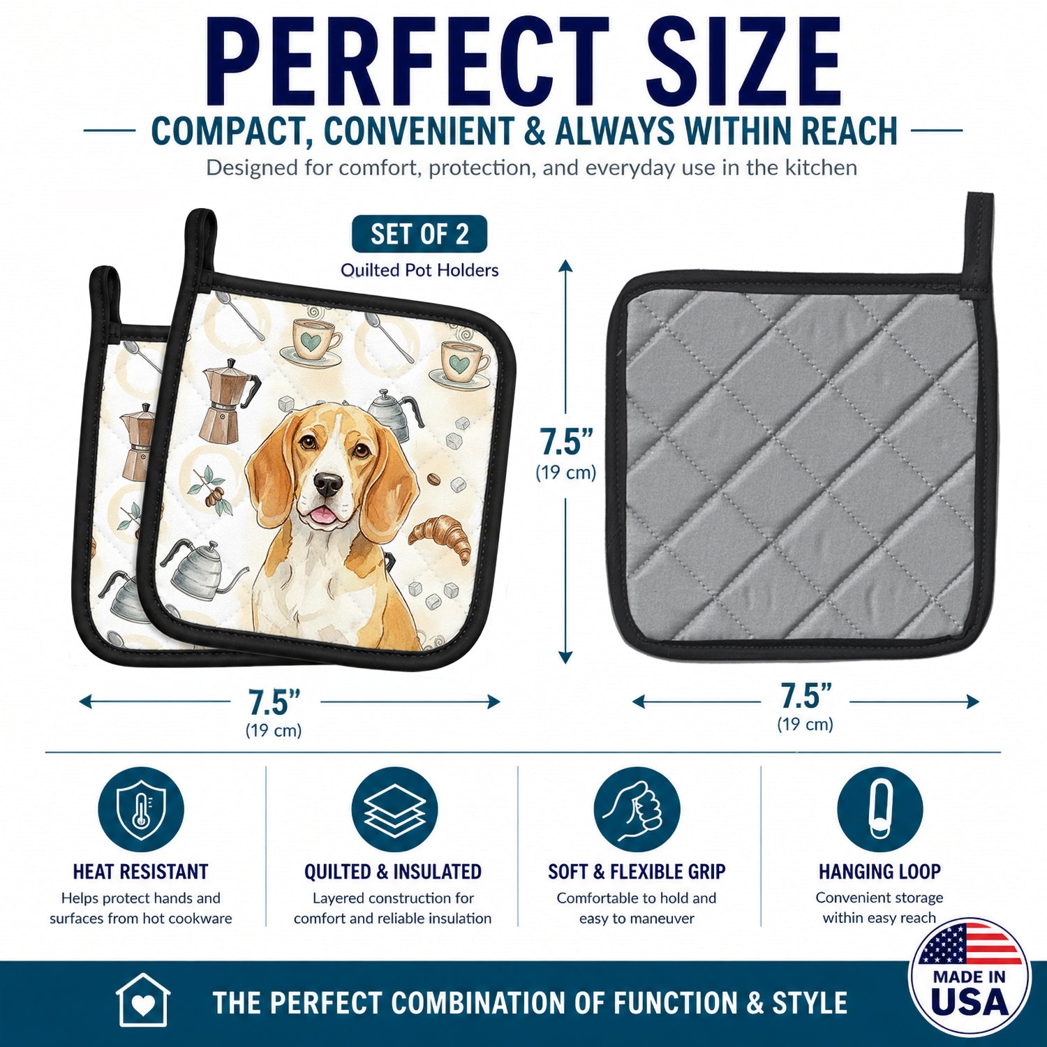 Lemon and White Beagle Coffee Bar Pot Holder Set of 2 Heat Resistant Quilted Hot Pads 7.5 x 7.5 Inch, Insulated Kitchen Trivets for Cooking & Baking