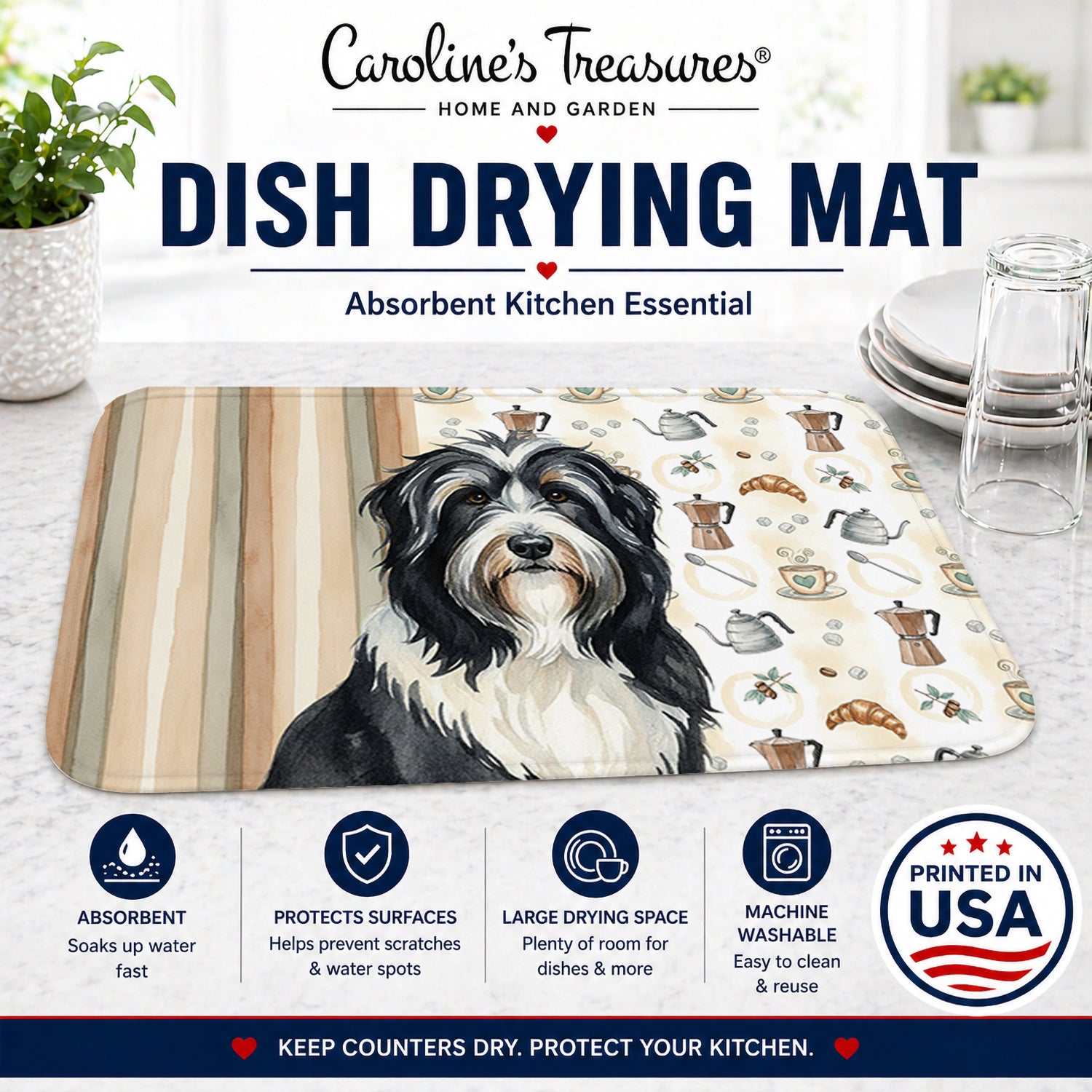 Black Bearded Collie Coffee Bar Dish Drying Mat Absorbent Dish Drying Mat Pad for Kitchen Counter Dish Drainer Mat for Countertop, 14 x 21", Multicolor