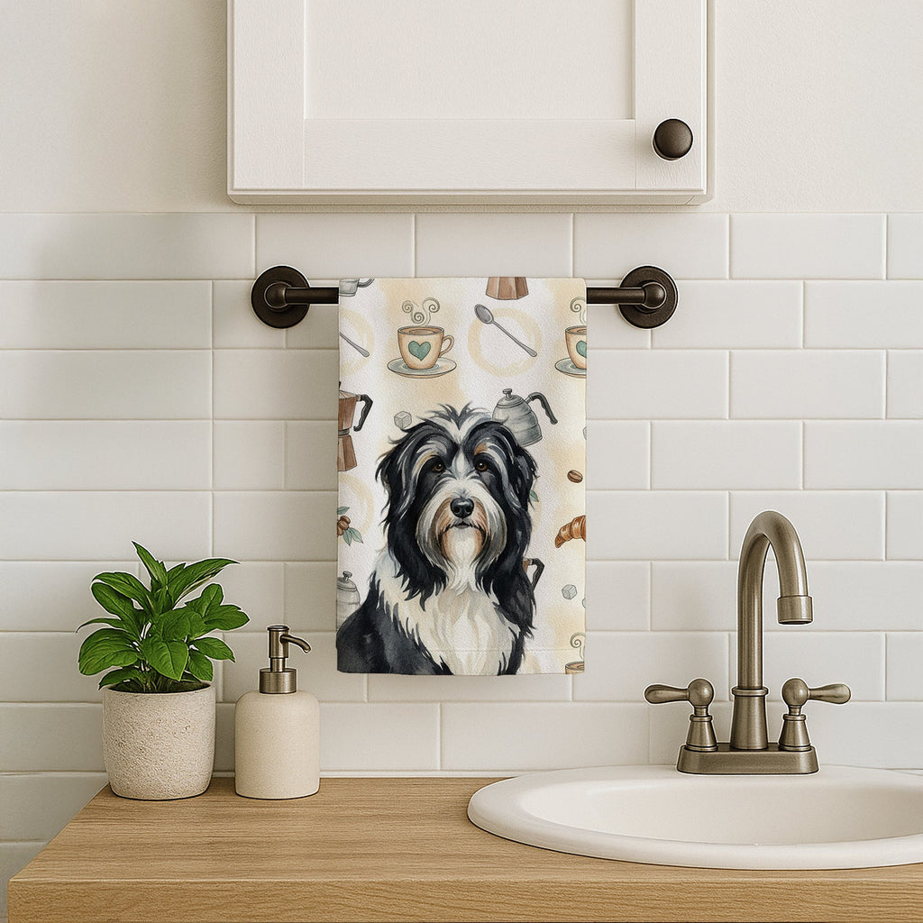 Black Bearded Collie Coffee Bar Kitchen Towel Velour Plush Front and Cotton Loop Back Machine Washable